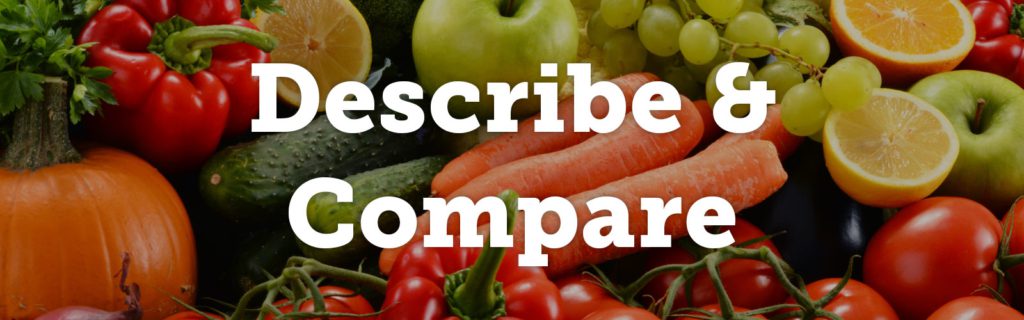 The words "Describe & Compare" over fruit and vegetables